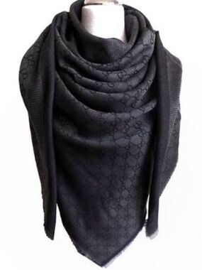 Gucci Black Charcoal Gray GG Jacquard Wool Silk Scarf Wrap